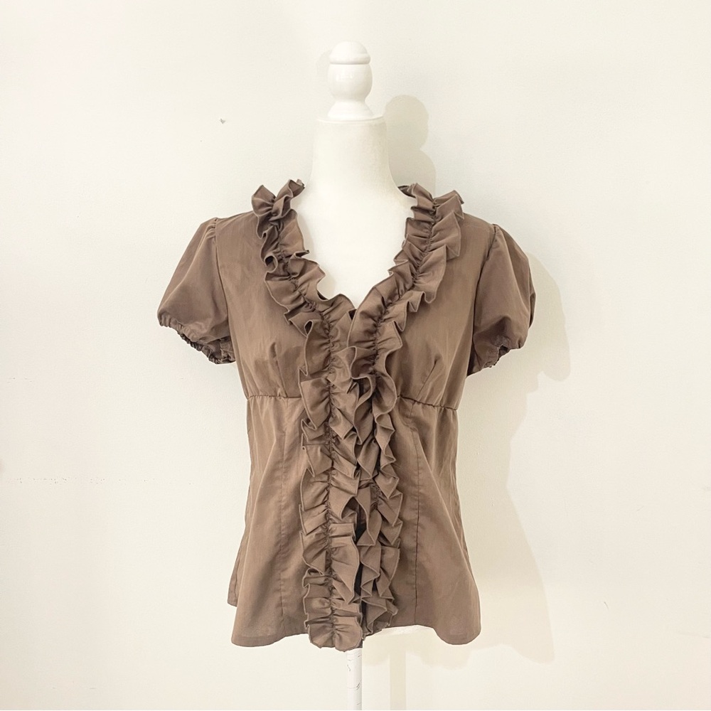 vintage antilia femme brown ruffle front cap sleeve blouse, office siren